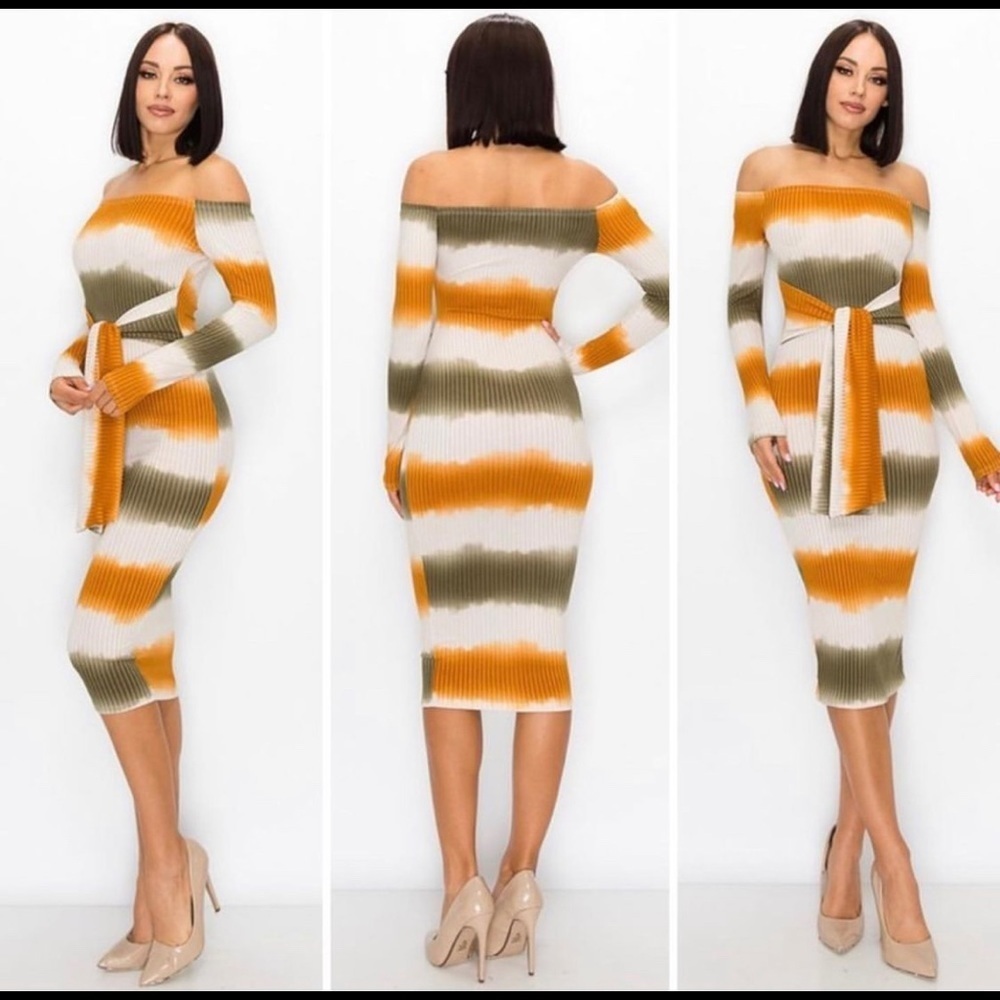 OFF SHOULDER STRIPE MIDI DRESS WITH BELT